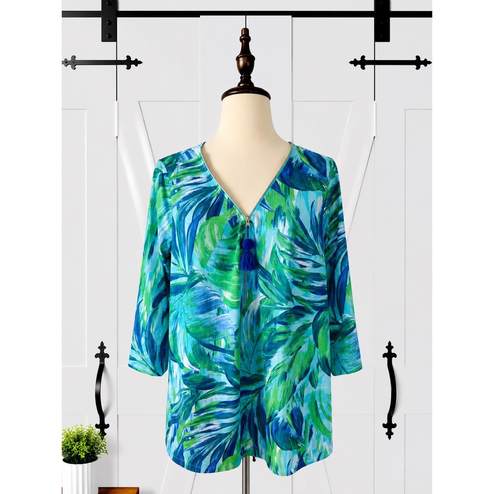 Belle by Kim Gravel Tropical Print Top Luxe Knit 1/4 Zip Pullover Tassel Size L